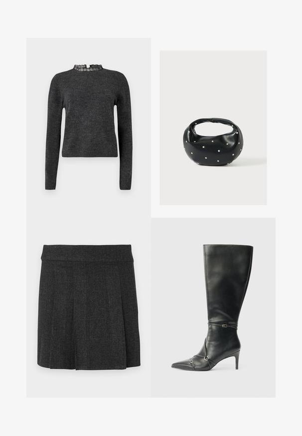 Pull gris foncé à manches longues, texture côtelée et décolleté avec dentelle. Le tissu semble doux et léger, idéal pour des superpositions.; Jupe noire plissée en tissu texturé. Ceinture mi-haute avec des lignes épurées. Coupe classique adaptée à diverses occasions.; Bottes noires en cuir montant jusqu'au genou, avec un talon fin, un bout pointu et des détails de lanière à la cheville. Texture lisse et design ajusté.; Sac à main en cuir noir de forme arrondie, décoré de clous argentés et équipé d'une poignée courte. Texture lisse et fermeture éclair.