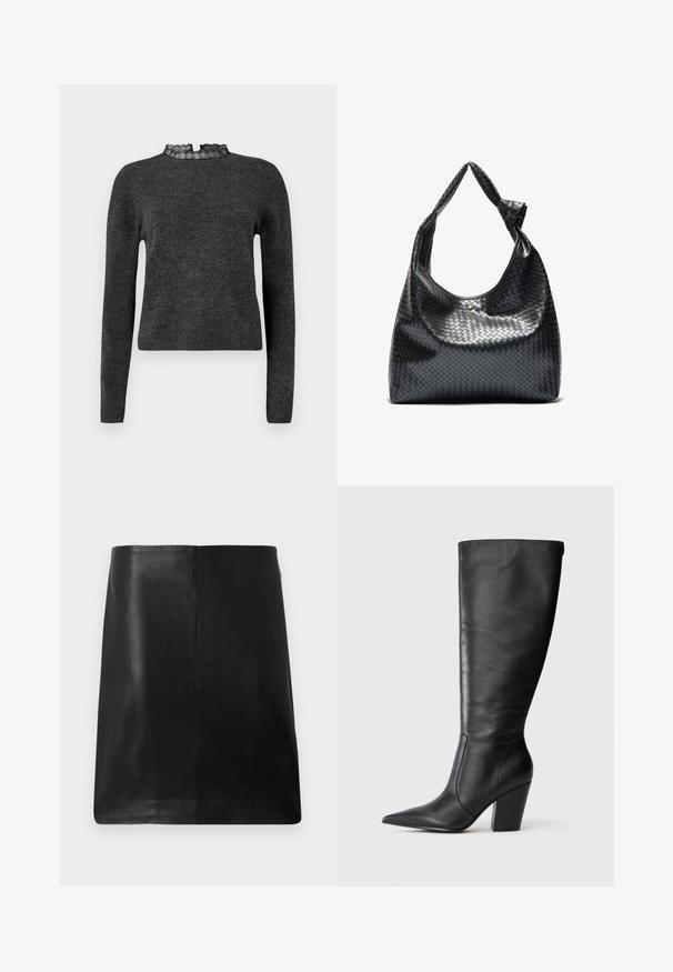 Pull gris foncé à manches longues, texture côtelée et décolleté avec dentelle. Le tissu semble doux et léger, idéal pour des superpositions.; Mini-jupe en cuir noir à coupe droite, texture lisse, et détail de couture minimal. Pas de métal visible ni d'ornements.; Botte en cuir noire à hauteur de genou avec bout pointu et talon large, présentée en profil latéral gauche sur fond blanc.; Sac à main en cuir tissé noir au design décontracté, avec une sangle nouée et une petite clou doré décoratif en haut.