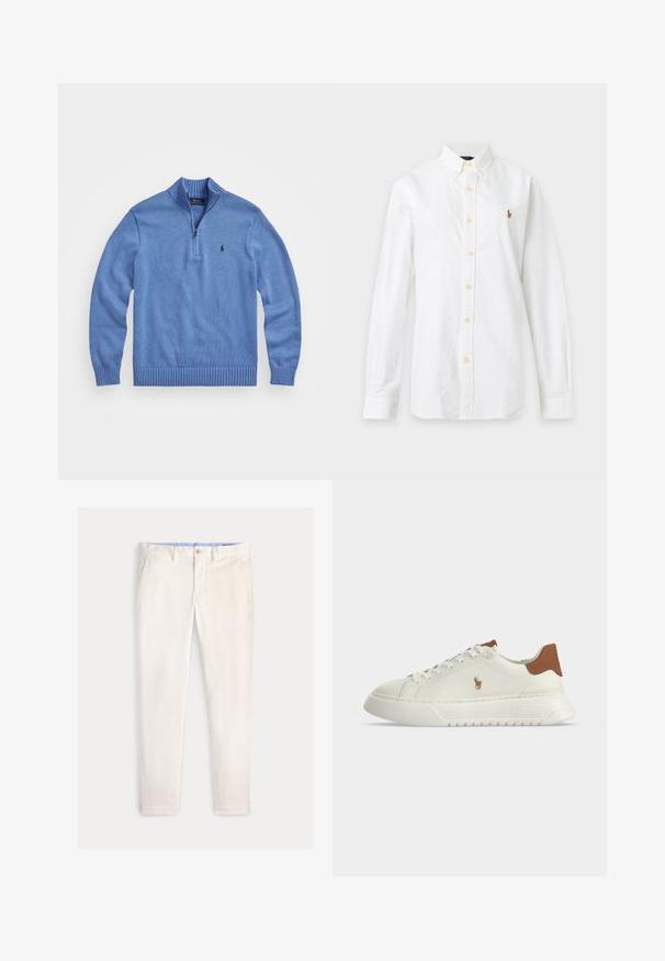 Suéter de punto azul claro con cuello alto, cierre de cremallera en el cuarto, puños y dobladillo acanalados, con un pequeño logo en el lado izquierdo del pecho.; Camisa blanca de manga larga con botones, cuello y pequeño logotipo bordado en el pecho izquierdo sobre un fondo liso.; Pantalones ajustados para hombre en color blanco roto con bolsillos delanteros, trabillas para cinturón y cierre de botón sobre un fondo liso.; Zapatilla blanca de corte bajo con lengüeta marrón en el talón, cierre de cordones en la parte delantera, suela gruesa y pequeño logo bordado de un caballo en el lateral.