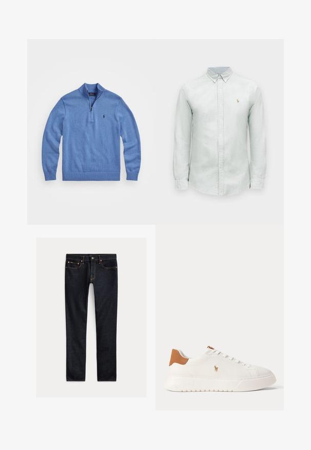 Hellblauer, gestrickter Pullover mit hohem Kragen, Viertel-Reißverschluss, gerippten Bündchen und Saum, mit einem kleinen Logo auf der linken Brust.; Hellgrünes langärmeliges Hemd mit Streifen, Button-Down-Kragen und kleinem, auf der Brust gesticktem Logo. Weiches Baumwollmaterial mit strukturierter Oberfläche.; Dunkelblaue Slim-Fit-Jeans mit fünf Taschen, Knopfverschluss und Kontrastnähten, flach auf hellem Hintergrund ausgelegt.; Weißer Sneaker mit niedrigem Schaft, beige Fersenlasche, weißen Schnürsenkeln und kleinem, besticktem Polospieler-Logo an der Seite über einer dicken Sohle.
