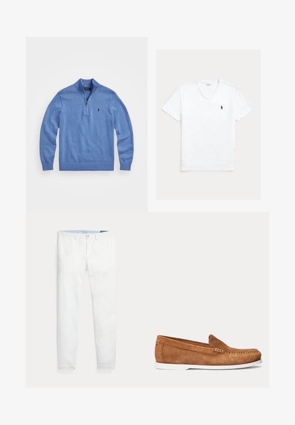 Suéter de punto azul claro con cuello alto, cierre de cremallera en el cuarto, puños y dobladillo acanalados, con un pequeño logo en el lado izquierdo del pecho.; Camiseta blanca de manga corta con cuello en V y pequeño logo de Polo Ralph Lauren en azul marino en el lado izquierdo del pecho, mostrada extendida sobre un fondo claro.; Pantalones chinos de algodón blanco con un corte ajustado, que cuentan con un cierre de un solo botón dorado y una cinturilla interior azul claro. Textura lisa sin estampados.; Mocasín de ante marrón con suela blanca y costuras beige a lo largo de la puntera y el borde superior, mostrado de perfil sobre un fondo liso.