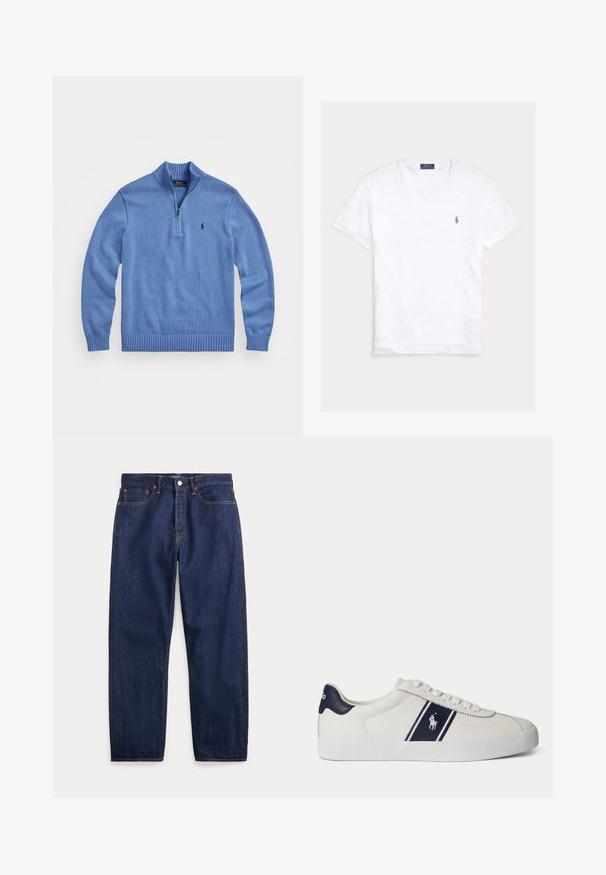 Lichtblauwe, gebreide pullover met een hoge kraag, kwart-rits, ribgebreide manchetten en zoom, voorzien van een klein logo op de linkerkant van de borst.; Witte T-shirt met korte mouwen en ronde hals met klein geborduurd Polo Ralph Lauren-logo op de linkerborst en een blauw merklint binnenin de kraag.; Donkerblauwe denim jeans met rechte pijpen, vijf zakken, knoopsluiting en zichtbare stiksels.; Witte lage sneaker met een donkerblauwe streep en logo aan de zijkant en donkerblauwe hieltab, platte witte zool en witte veters.