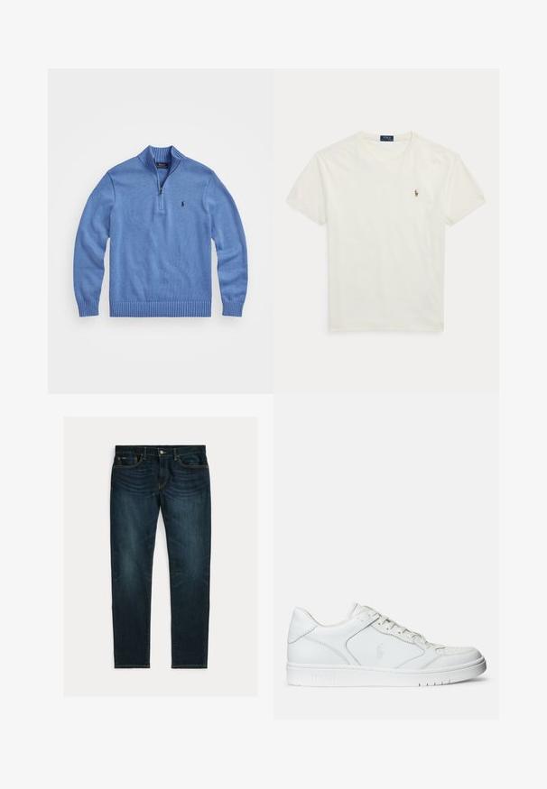 Suéter de punto azul claro con cuello alto, cierre de cremallera en el cuarto, puños y dobladillo acanalados, con un pequeño logo en el lado izquierdo del pecho.; Camiseta blanca de algodón de manga corta con cuello redondo, pequeño logo bordado de Polo Ralph Lauren en el pecho izquierdo.; Vaqueros ajustados de color azul oscuro con ligero desgaste y diseño de cinco bolsillos, colocados planos sobre un fondo blanco.; Zapatilla de cuero blanca con textura suave, que presenta una puntera perforada, cierre de cordones y logo bordado en el lateral. Suela de goma blanca.