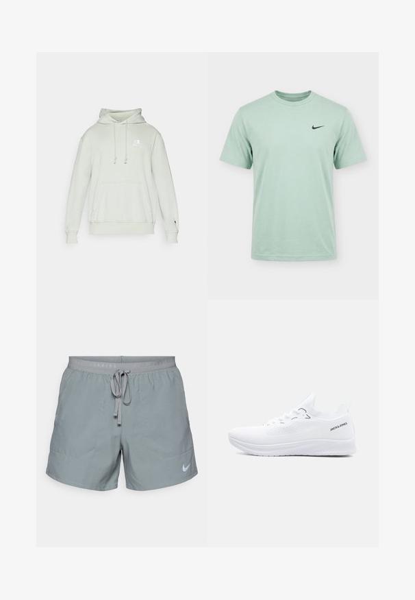 Lichtgroene hoodie van zachte stof, met een trekkoordkapuchon, een voorzak en een geborduurd logo op de borst. Geribbelde manchetten en zoom.; Lichtgroene Nike T-shirt met korte mouwen, een ronde hals en klein zwart Nike swoosh-logo op de linkerbovenborst.; Grijze sportshorts van lichtgewicht stof met een elastische tailleband, trekkoord en zijzakken met een klein wit Nike-logo.; Witte lage sneaker van gebreid materiaal met een gestructureerde zool, veters aan de voorkant en het "JACK & JONES" logo aan de zijkant van de hielkraag.