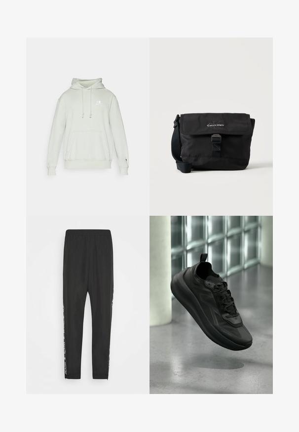 Lichtgroene hoodie van zachte stof, met een trekkoordkapuchon, een voorzak en een geborduurd logo op de borst. Geribbelde manchetten en zoom.; Zwarte sportieve broek met een elastische tailleband, taps toelopende pijpen en contrasterende zijstrepen met een grafisch ontwerp. Glad textuur, lichtgewicht stof.; Zwarte Calvin Klein sneaker met veters, opgeheven boven een gepolijste betonnen vloer, glazen blokmuur en pilaar op de vage achtergrond.; Zwarte Calvin Klein schoudertas met voorflap, gesp sluiting en verstelbare riem op een witte achtergrond.