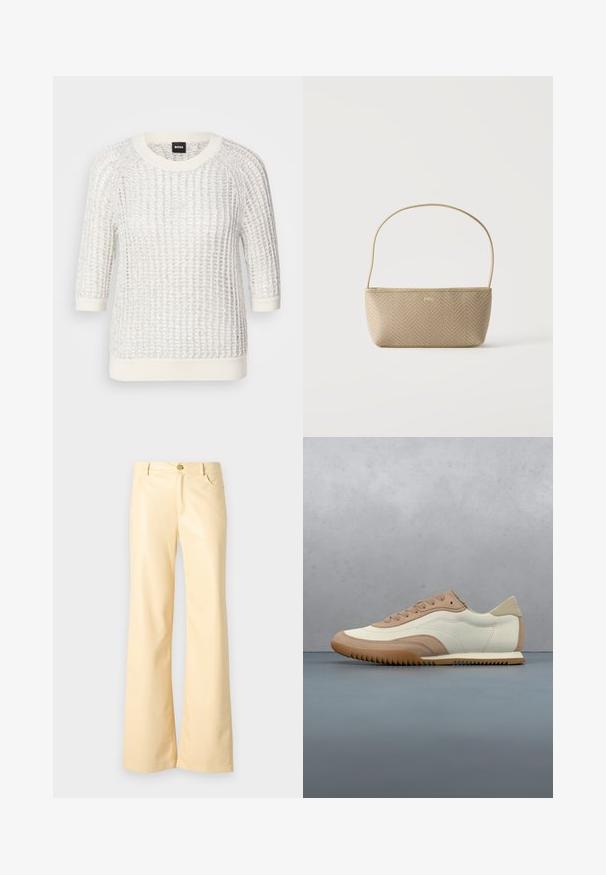 Pull en maille blanc texturé avec un motif tricoté, encolure ronde, manches trois-quarts, et bords côtes contrastés aux poignets et à l'ourlet. Étiquette de marque : BOSS.; Pantalons évasés en jaune pâle, en matériau lisse et brillant. Comprend un bouton avant, deux poches latérales et une coupe droite.; Baskets crème et beige avec une tige texturée, des lacets et une semelle en caoutchouc, présentées au-dessus d'une surface en bois avec des cailloux.; Sac à main tissé beige avec fine bandoulière et petit logo doré "BOSS" à l'avant, présenté sur fond blanc uni.
