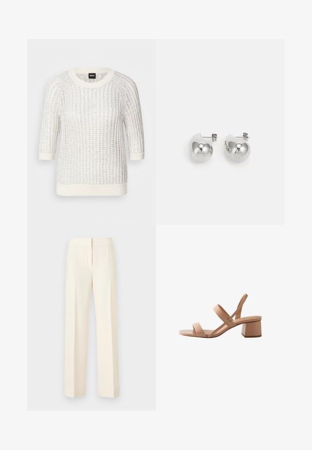 Pull en maille blanc texturé avec un motif tricoté, encolure ronde, manches trois-quarts, et bords côtes contrastés aux poignets et à l'ourlet. Étiquette de marque : BOSS.; Pantalon droit sur mesure couleur blanc cassé avec pli avant, ceinture et fermeture avant dissimulée sur un fond uni.; Sandale beige à bout ouvert avec deux brides et un talon bloc, conçue pour un usage décontracté ou formel féminin.; Boucles d'oreilles en argent avec des surfaces rondes et réfléchissantes ; design minimaliste avec une texture lisse et un détail de marque subtil.