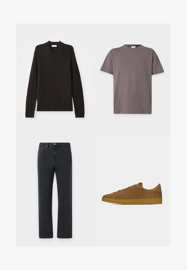 Must svart pikk-sleeve polo särk, millel on ribakujuline tekstuur, klassikaline krae ja kolm nupuvajutust. Pehme kangas ja fikseeritud disain.; Lihtne lühikeste varrukatega ümar kaelusega T-särk tuhmi pruuni värvusega, peene tekstuuri ja väikese logoga alumise parema külje lähedal.; Mustad denim teksad sirge sääre disainiga, viie tasku ja metallist detailidega. Kanga pind on sile, kergelt tekstureeritud.; Pruun seemisnahast madala lõikega vabaajajalats, millel on sobivad paelad ja kummist kummist tald, näidatud vasakult küljelt heleda halli tausta peal.