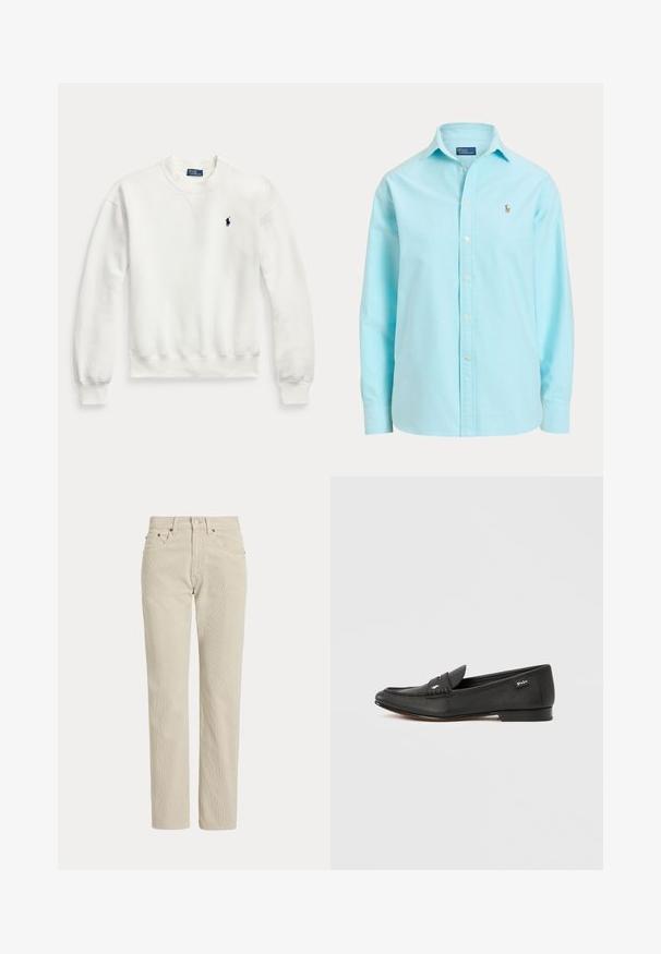 Sweat-shirt blanc à manches longues avec col rond, poignets et bas côtelés, avec un petit logo brodé foncé sur la poitrine gauche.; Chemise bleu clair à manches longues avec boutons, col et petit logo brodé sur le côté gauche de la poitrine.; Pantalon en velours côtelé beige droit avec passants de ceinture, bouton à l'avant, fermeture éclair et poches avant.; Mocassin en cuir noir avec finition texturée, détail porte-penny, profil mince, branding subtil sur le côté et talon bas et plat.