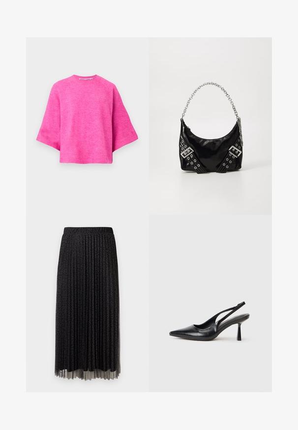 Pull court rose en tricot doux, avec un col rond et des manches larges et courtes. Texture lisse avec un design simple.; Jupe midi plissée noire avec un léger motif léopard, taille élastique et texture transparente à l'ourlet.; Chaussure à talon haut en cuir noir, à bride arrière, avec un bout pointu et un talon fin sur fond blanc.; Sac à main en cuir verni noir avec une poignée en chaîne argentée brillante, présentant des bandes décoratives et des œillets en métal. Forme épurée et incurvée.