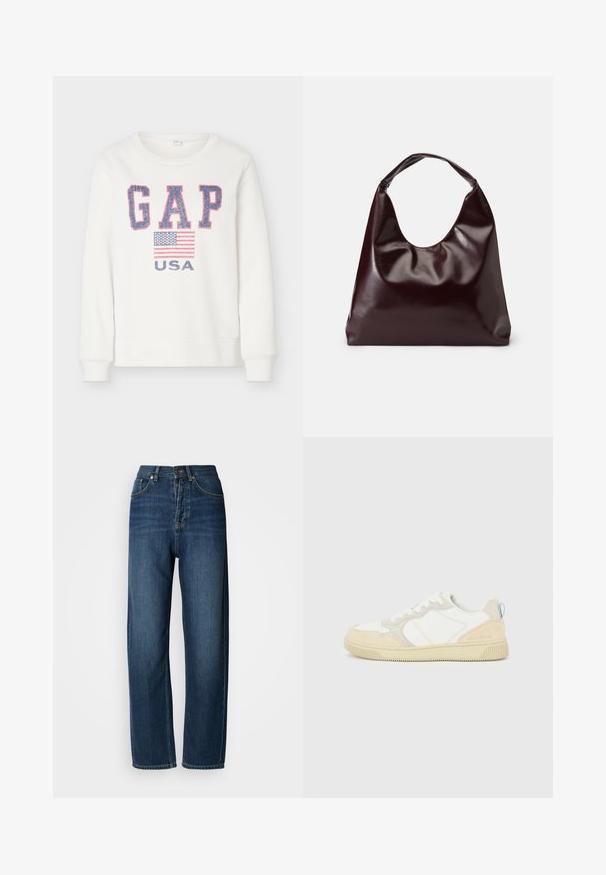 Sweat blanc avec les lettres "GAP" en bleu et rouge, un motif du drapeau américain et le texte "USA" en dessous sur le devant.; Jean en denim bleu foncé à coupe décontractée, taille haute, design à cinq poches et coutures visibles. Le tissu a une texture lisse.; Baskets blanches et beiges avec dessus en suède et textile, présentant des coutures contrastées, une semelle en caoutchouc et un accent bleu clair sur le talon.; Sac en cuir vegan bordeaux, brillant, avec une forme douce et sculpturale et une large poignée incurvée pour un transport facile.
