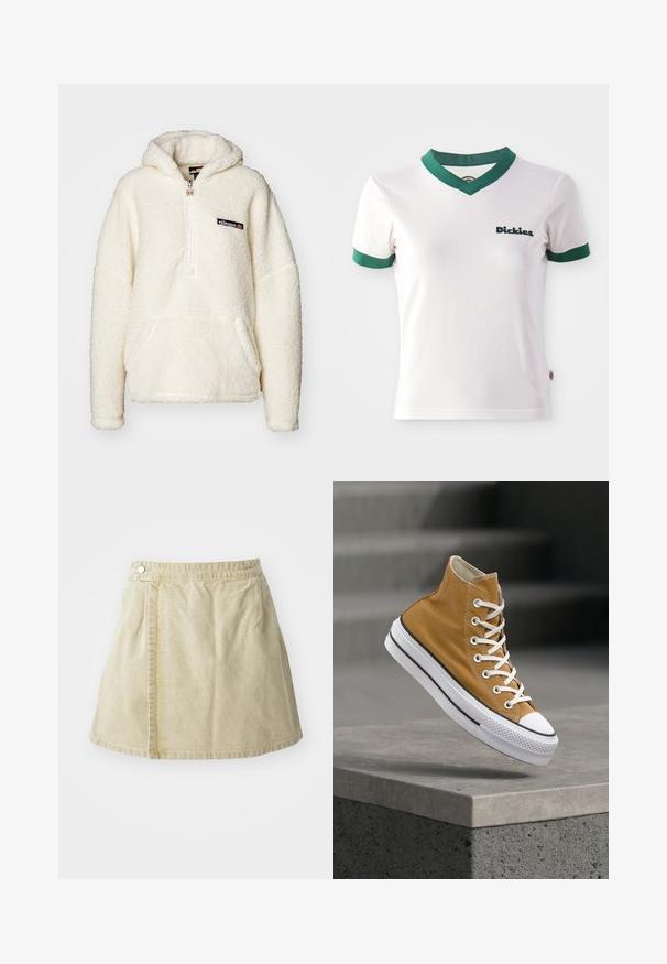 Ellesse ZEPPY - Sweat à capuche - off white; T-shirt blanc à manches courtes avec un col en V vert et des bordures de manches vertes ; présente le logo "Dickies" en vert foncé sur le côté gauche de la poitrine. Texture de coton lisse.; Jupe mini kaki en tissu doux, avec une fermeture à bouton sur le côté, une texture lisse et une silhouette légèrement évasée avec une ourlet au-dessus du genou.; Baskets montantes en toile jaune moutarde avec lacets blancs, bout en caoutchouc et semelle blanche texturée à rayures noires.