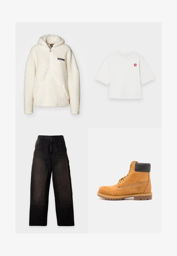 Ellesse ZEPPY - Sweat à capuche - off white; T-shirt blanc à manches courtes en coton. Présente un petit logo carré rouge sur la zone gauche de la poitrine. Coupe droite. Texture douce.; Pantalon noir à jambes larges avec taille haute et grandes poches plaquées devant, présenté à plat sur un fond blanc.; Bottine en cuir marron avec rembourrage noir, œillets dorés et semelle texturée. Présente un logo circulaire sur le côté et des accents de couture.