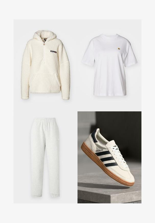 Ellesse ZEPPY - Hoodie - off white; Witte katoenen t-shirt met een relaxte pasvorm, korte mouwen en een klein geborduurd logo op de linkerborst.; Lichtgrijze sweatpants met een elastische tailleband, taps toelopende pijpen en ribgebreide manchetten. Gemaakt van een zachte, gestructureerde stof. Witte logodetail aan de zijkant.; Witte suède sneakers met marineblauwe strepen, rubberen gumzool, gestructureerde bovenkant, ronde neus en veters; heeft branding aan de zijkant en op de tong.