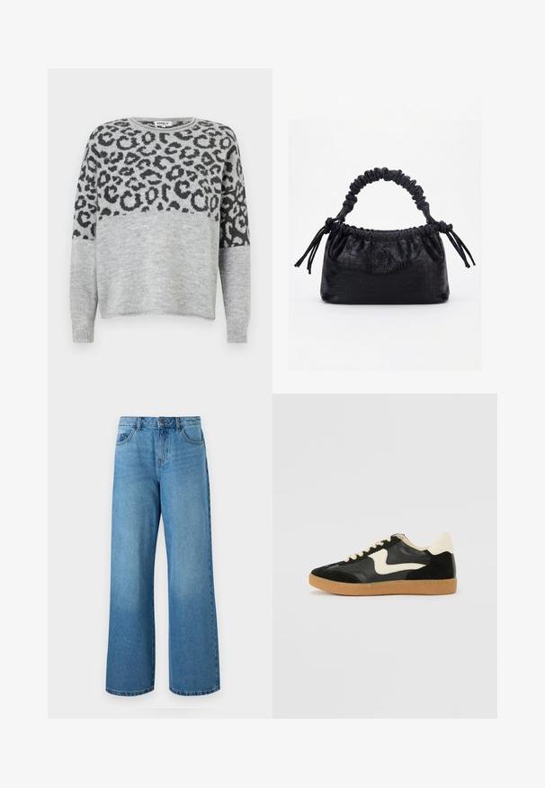 Pull en gris avec un motif léopard en gris foncé. Il a un col rond et des manches longues, confectionné dans un matériau doux et texturé.; Jean large bleu clair en denim, avec une taille haute, une fermeture éclair, et un design à cinq poches avec un léger dégradé.; Baskets en daim et cuir noir avec un swoosh latéral crème et un talon crème clair. Dotées de lacets beige et d'une semelle en caoutchouc gomme.; Sac à main noir avec texture crocodile, bord supérieur froncé, poignée plissée et pompons à cordon de chaque côté sur fond blanc.