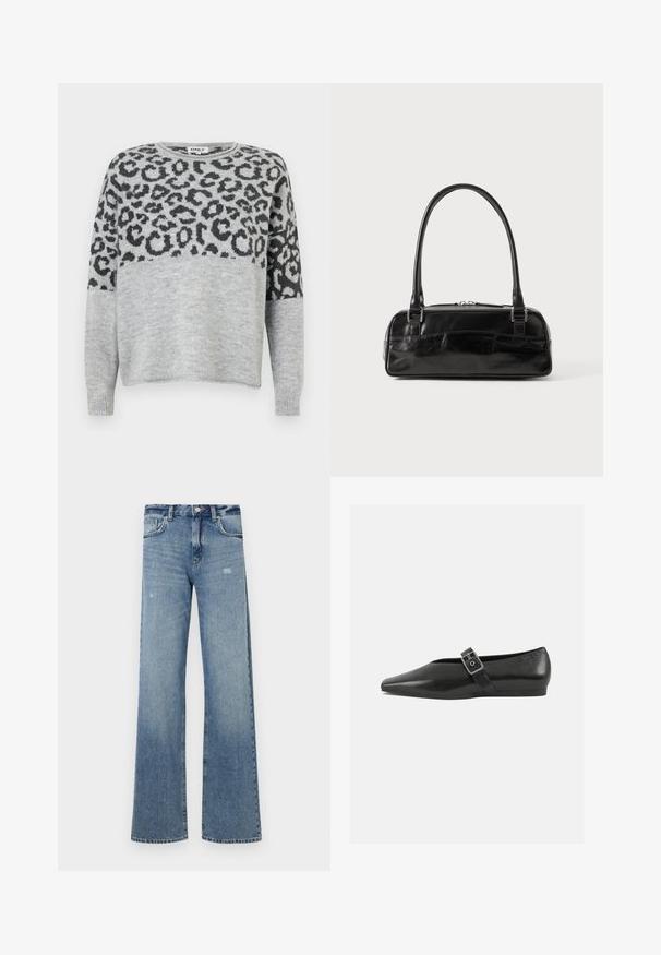 Pull en gris avec un motif léopard en gris foncé. Il a un col rond et des manches longues, confectionné dans un matériau doux et texturé.; Jean en denim bleu clair avec une taille haute, une coupe large, un léger effet usé et une structure classique à cinq poches.; Chaussure plate en cuir noir avec un orteil pointu, présentant une sangle à boucle métallique sur le cou-de-pied et une semelle basse et flexible.; Sac à main en cuir noir de forme rectangulaire, doté d'une seule ansse structurée, de quincaillerie argentée et d'une fermeture éclair. Texture lisse.