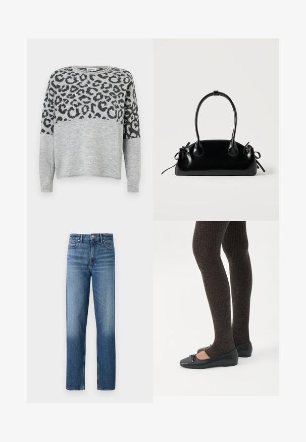 Pull en gris avec un motif léopard en gris foncé. Il a un col rond et des manches longues, confectionné dans un matériau doux et texturé.; Good American GOOD BARREL - Jean droit - indigo; Jambes portant des leggings côtelés foncés associés à des ballerines noires avec de petits détails en nœud sur fond blanc.; Petit sac à main noir brillant avec deux longues anses et des détails à cordon sur les côtés sur un fond clair uni.
