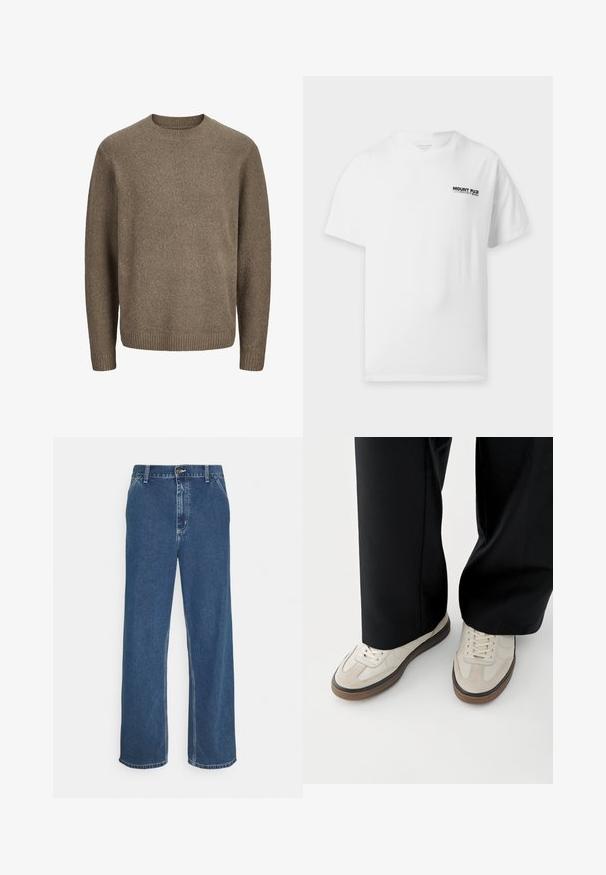 Brun langærmet uldsweater med ribstrikkede manchetter, kant og rund hals.; Hvid t-shirt med korte ærmer med lille sort tekst 'Mount Fuji' og japanske tegn trykt på venstre bryst.; Blå denimjeans med lige pasform, fem-lomme design, metalknaplukning og synlig syning langs søm og kant.; Fødder iført beige sneakers med brune såler og sorte bukser med vide ben på hvid baggrund.