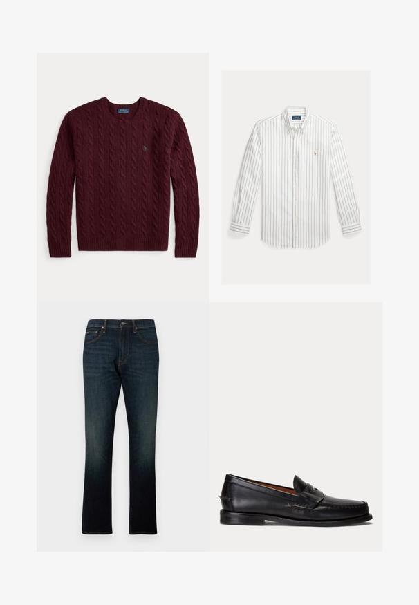 Bordeauxroter Strickpullover mit Rundhalsausschnitt, langen Ärmeln und kleinem grünem Polo Ralph Lauren-Logo auf der Brust.; Weißes Hemd mit langen Ärmeln, dünnen vertikalen blauen Streifen und kleinem gesticktem Logo auf der linken Brust.; Dunkelblaue Straight-Leg-Denim-Jeans mit fünf Taschen und orangener Naht, flach auf weißem Hintergrund dargestellt.; Schwarzer Lederloafer mit niedrigem Absatz und Pennyriemendetail, von der Seite auf hellgrauem Hintergrund gezeigt.