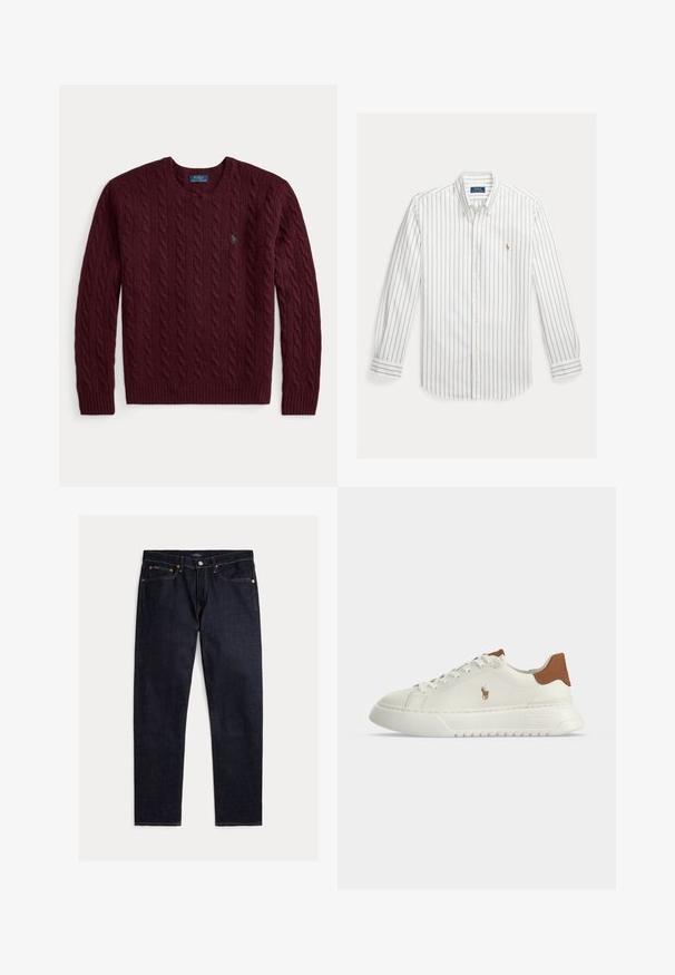 Bordeaux kabelgebreide trui met ronde hals, lange mouwen en een klein groen Polo Ralph Lauren-logo op de borst.; Wit overhemd met lange mouwen met dunne verticale blauwe strepen en een klein geborduurd logo op de linkerborst.; Donker indigoblauwe rechte jeans met vijf zakken, knoop- en ritsluiting en contrasterende oranje stiksels op een effen achtergrond.; Witte lage sneaker met een bruine hieltab, veterluiting aan de voorkant, dikke zool en klein geborduurd paardenlogo aan de zijkant.