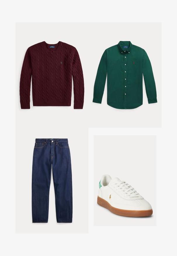 Pull bordeaux à col rond en maille torsadée avec manches longues et petit logo vert Polo Ralph Lauren sur la poitrine.; Chemise boutonnée à manches longues vert foncé avec col et petit logo rouge brodé sur la poitrine gauche.; Jean en denim bleu foncé avec jambes droites, cinq poches, fermeture par bouton et coutures visibles.; Baskets blanches à lacets avec semelle en caoutchouc marron, languette de talon verte et petit logo doré de joueur de polo sur le côté extérieur.