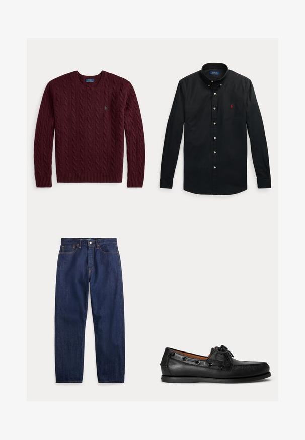 Burgundia värvi soonikkoes kaelusega kampsun, pikad varrukad ja väike roheline Polo Ralph Laureni logo rinnal.; Must pikkade varrukatega nööpidega särk, millel on punane logo vasakul rinnal ja nööpidega krae, asetatud helele taustale.; Tumesinised sirgete säärega teksapüksid, viis taskut, nööpkinnitus ja nähtavad õmblused.; Mustast nahast mokkassiin paeltega ja madala kummist tallaga, näht külje pealt heledal taustal.