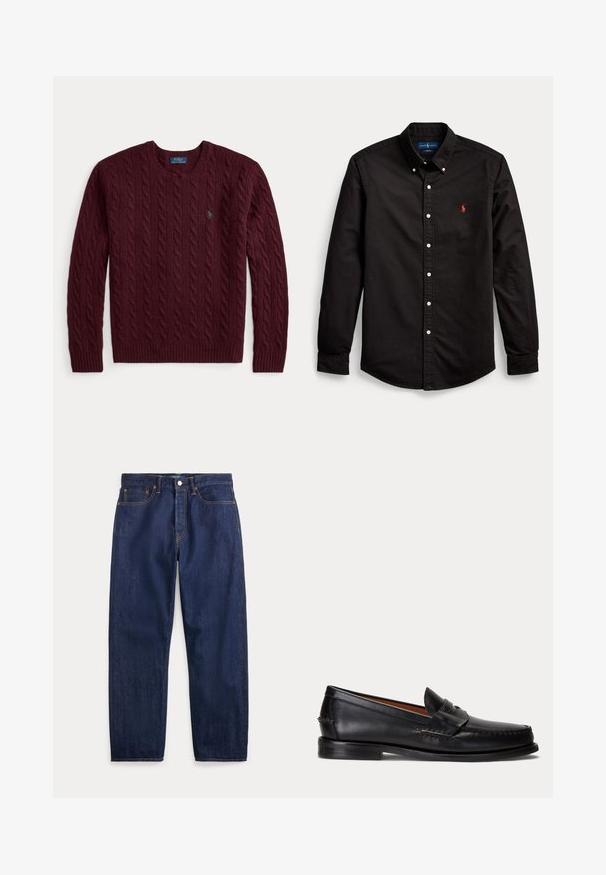 Burgunderfarvet kabelstrikket rundhalset sweater med lange ærmer og en lille grøn Polo Ralph Lauren-logo på brystet.; Sort langærmet skjorte med krave, hvide knapper og rød broderet logo på venstre bryst.; Mørkeblå denimjeans med lige ben, fem lommer, knaplukning og synlige syninger.; Sort læderloafer med lav hæl og pennyremdetalje, vist fra siden på en lysegrå baggrund.