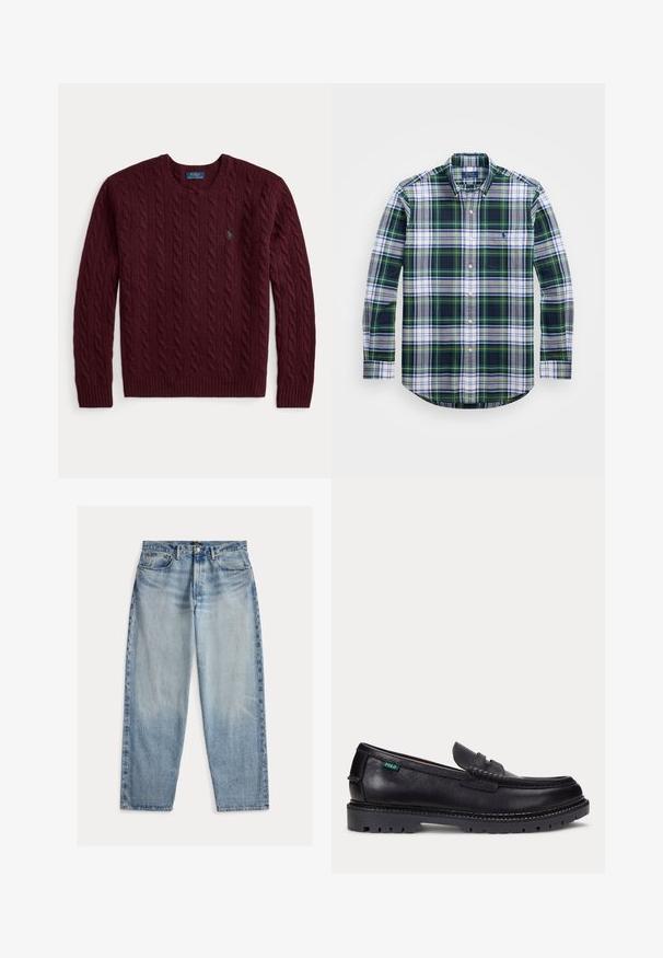 Pull bordeaux à col rond en maille torsadée avec manches longues et petit logo vert Polo Ralph Lauren sur la poitrine.; Chemise à manches longues à carreaux verts, bleus et blancs avec une poche sur la poitrine et un ourlet courbé. Le tissu a une texture douce. Logo Polo sur la poche.; Jean en denim bleu clair avec une coupe décontractée. Comprend une taille haute, cinq poches et des coutures visibles. La surface est légèrement texturée.; Mocassin en cuir noir avec une semelle épaisse à crampons et une petite étiquette verte "Polo" sur le côté extérieur, près du talon.