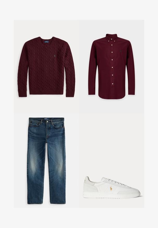 Pull bordeaux à col rond en maille torsadée avec manches longues et petit logo vert Polo Ralph Lauren sur la poitrine.; Chemise boutonnée rouge foncé à manches longues avec col boutonné et petit logo brodé sur la poitrine gauche.; Jean en denim bleu indigo avec une coupe droite, un style cinq poches, et un léger effet délavé sur les cuisses. Fermeture par bouton en métal et fermeture éclair.; Baskets basses blanches avec design à lacets, logo Polo Ralph Lauren doré sur le côté et semelle texturée sur fond uni.