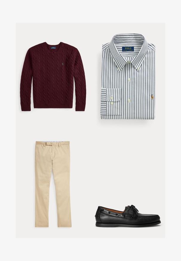 Burgunderfarvet kabelstrikket rundhalset sweater med lange ærmer og en lille grøn Polo Ralph Lauren-logo på brystet.; Foldet hvid skjorte med marineblå lodrette striber, knappet krave og Polo Ralph Lauren-logo broderet på brystet.; Beige bukser med lige ben, bæltestropper og frontlynlås, lagt fladt mod en hvid baggrund.; Sort lædermoccasin med snøredetalje og lav gummisål, vist fra siden på ensartet lys baggrund.