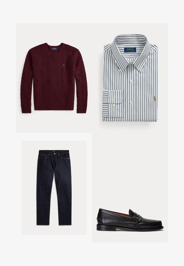 Bordový pletený sveter s okrúhlym výstrihom, dlhými rukávmi a malým zeleným logom Polo Ralph Lauren na hrudi.; Zložená biela košeľa s námorníckymi zvislými pruhmi, golier s gombíkmi a vyšívané logo Polo Ralph Lauren na hrudi.; Tmavomodré rovné rifle s piatimi vreckami, zapínaním na gombík a zips, so z kontrastným oranžovým prešívaním na jednofarebnom pozadí.; Čierny kožený mokasín s nízkym podpätkom a detailom s penny remienkom, zobrazený z boku na svetlosivom pozadí.