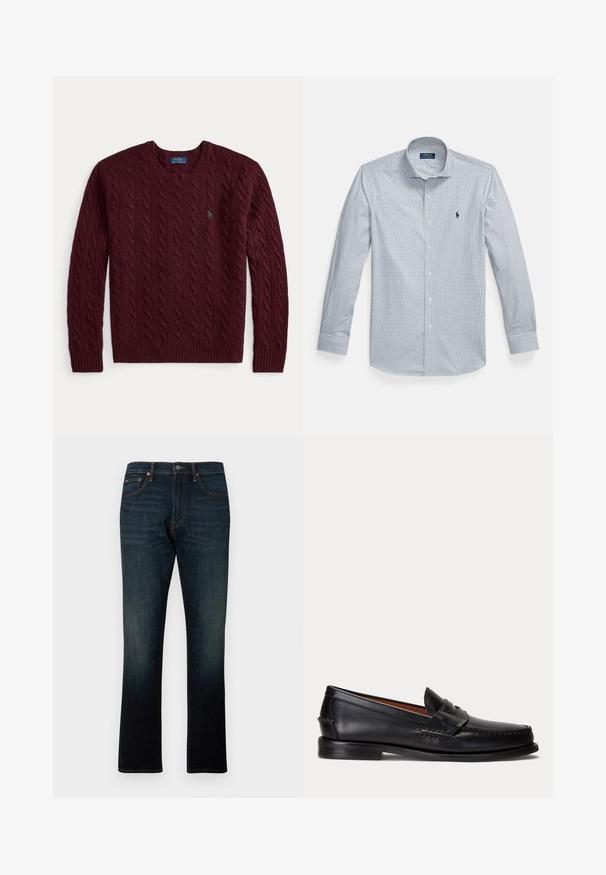 Burgunderfarvet kabelstrikket rundhalset sweater med lange ærmer og en lille grøn Polo Ralph Lauren-logo på brystet.; Skjorte med knapper i blå og hvid gingham-mønster, bomuldsmateriale, lange ærmer og klassisk krave. Logo broderet på brystet.; Mørkeblå straight-leg denim jeans med fem lommer og orange syninger, vist fladt på en hvid baggrund.; Sort læderloafer med lav hæl og pennyremdetalje, vist fra siden på en lysegrå baggrund.