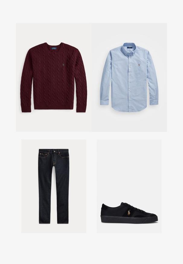 Bordeauxroter Strickpullover mit Rundhalsausschnitt, langen Ärmeln und kleinem grünem Polo Ralph Lauren-Logo auf der Brust.; Helleblaues Oxford-Hemd aus gewebter Baumwolle. Mit Kragen, langen Ärmeln und einem gestickten Logo auf der linken Brust. Glatte Textur.; Dunkelblaue Slim-Fit-Jeans mit fünf Taschen, Knopfverschluss und Kontrastnähten, flach auf hellem Hintergrund ausgelegt.; Schwarze Sneakers mit einem Obermaterial aus Stoff und Wildleder, runder Zehenpartie, flacher Gummisohle und gesticktem Logo an der Seite. Schnürdesign mit sechs Ösen.