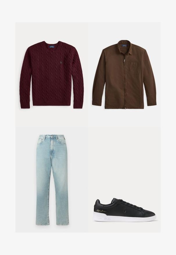 Burgunderfarvet kabelstrikket rundhalset sweater med lange ærmer og en lille grøn Polo Ralph Lauren-logo på brystet.; Brun lynlåstrøje i tekstureret stof med krave, frontlomme og sidelommer. Minimalistisk design med lange ærmer.; Lysblå højtaljede straight-leg jeans lavet af denim. Har klassisk femlomme-design og en lynlås med knaplukning.; Sort lavtop lædersneaker med sorte snørebånd, hvid sål præget med Polo og gyldent Ralph Lauren-signatur på hælen.