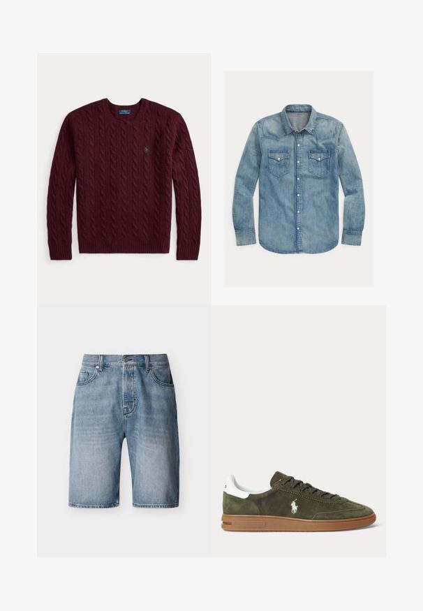 Viininpunainen palmikkoneuleinen pyöreäkauluksinen neulepaita, jossa on pitkät hihat ja pieni vihreä Polo Ralph Lauren -logo rinnassa.; Vaaleansininen farkkupaita, jossa on kärjellinen kaulus, pitkät hihat, kaksi rintataskua ja nepparilla kiinnitettävä sulkeminen. Klassinen lännen tyyli.; Vaaleansiniset farkkushortsit, joissa on etu- ja kolikkotaskut, napitus ja vyölenkit, esillä valkoista taustaa vasten.; Olivinvihreä mokkanahkainen tennari, jossa ruskea kumipohja, valkoinen kantanauha, nauhallinen edestä ja valkoinen Ralph Laurenin poloilijan logo sivussa.