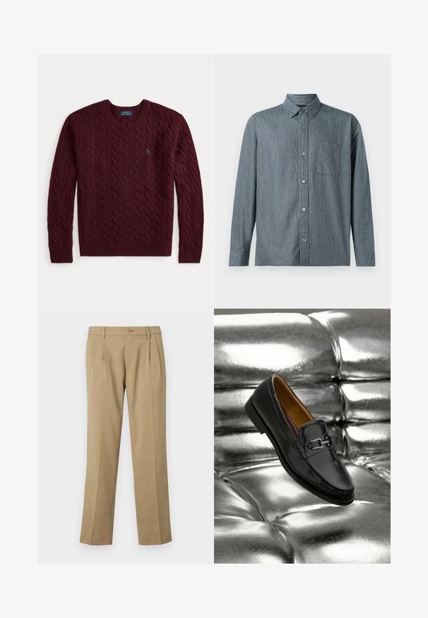 Viininpunainen palmikkoneuleinen pyöreäkauluksinen neulepaita, jossa on pitkät hihat ja pieni vihreä Polo Ralph Lauren -logo rinnassa.; Abercrombie & Fitch CROPPED CURVED HEM - Vapaa-ajan kauluspaita - dark blue; Harmaat housut, jotka on valmistettu sileästä kankaasta, joissa on kaksi etupuolelle laskostusta, nappikiinnitys ja suorat lahkeet siistillä helmat.; Musta nahkainen loafer-mallinen kenkä, jossa hopeanvärinen metallisolki, lepää kiiltävällä hopeanvärisellä, tupsutetulla nahkapinnalla.