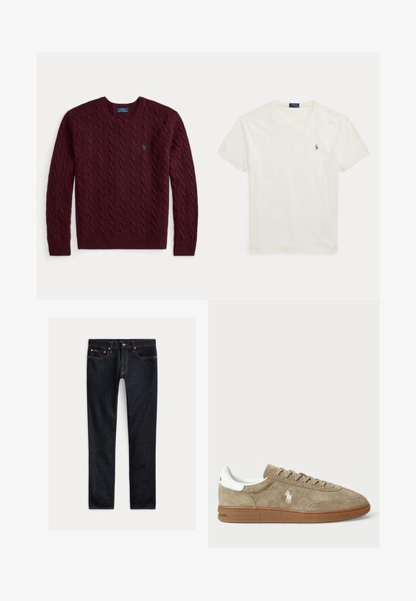 Jersey burdeos de punto trenzado con cuello redondo, manga larga y un pequeño logo verde de Polo Ralph Lauren en el pecho.; Camiseta blanca de algodón de manga corta con cuello redondo, pequeño logo bordado de Polo Ralph Lauren en el pecho izquierdo.; Vaqueros ajustados de color azul oscuro con cinco bolsillos, cierre de botones y costuras en contraste, colocados planos sobre un fondo claro.; Zapatillas de ante en color marrón con detalles en blanco, punta redonda y diseño con cordones. Presenta un logotipo en relieve y suela de goma para mayor tracción.