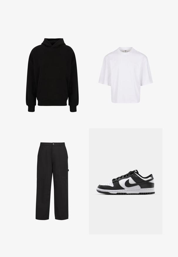 Zwarte pullover hoodie met een voorzak, ribgebreide manchetten en zoom. Gemaakt van zachte stof; heeft een relaxed fit en een verstelbare capuchon.; Witte, kortekorte t-shirt met een ronde hals en een ontspannen pasvorm, gemaakt van een zachte katoenmix. Geen patronen of versieringen.; Zwarte katoenen broek met een ontspannen pasvorm, voorzien van twee voorkruiszakken, een rits en een zichtbare knoop aan de voorkant. Zachte textuur, recht model.; Zwart-witte Nike Dunk sneakers met een leren bovenwerk, geperforeerde neus, zwarte veters en een zwarte rubberen zool met profiel.
