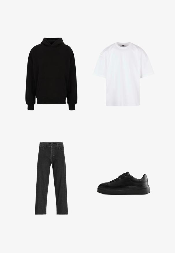 Zwarte pullover hoodie met een voorzak, ribgebreide manchetten en zoom. Gemaakt van zachte stof; heeft een relaxed fit en een verstelbare capuchon.; Witte korte mouw t-shirt met een ronde hals, gemaakt van katoen, met een ontspannen pasvorm en minimale stiksel-details.; Zwarte spijkerbroek met een recht model, voorzien van een rits, riemlussen en zes zakken, gemaakt van een stevige katoenmix.; Zwarte lage sneaker met dikke zool en veters aan de voorkant, gemaakt van glad leer, zijaanzicht op een witte achtergrond.