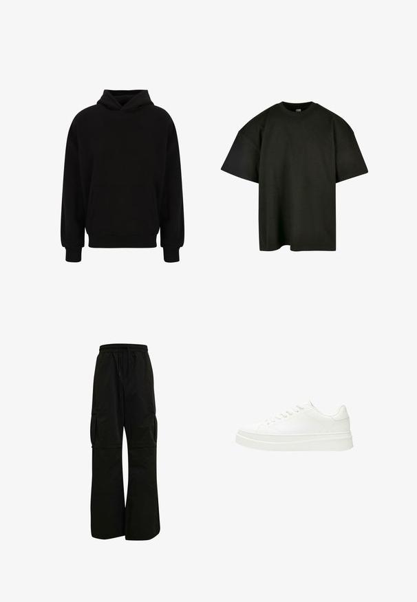 Schwarzer Pullover-Hoodie mit einer vorderen Kängurutasche, gerippten Bündchen und Saum. Hergestellt aus weichem Material; hat einen lässigen Schnitt und eine verstellbare Kapuze.; Schwarzes, oversized T-Shirt aus weicher Baumwolle. Verfügt über einen runden Halsausschnitt und kurze Ärmel, mit einer glatten Textur und minimalistischem Design.; Schwarze Cargo-Hosen mit einem elastischen Bund, weitem Beinsaum und großen seitlichen Taschen für Funktionalität und Komfort. Glatte Textur.; Weiße Sneaker mit einem glatten Lederoberteil, flachen Schnürsenkeln und einer dicken Gummisohle. Das minimalistische Design verfügt über subtile Nähte und nahtlose Akzente.