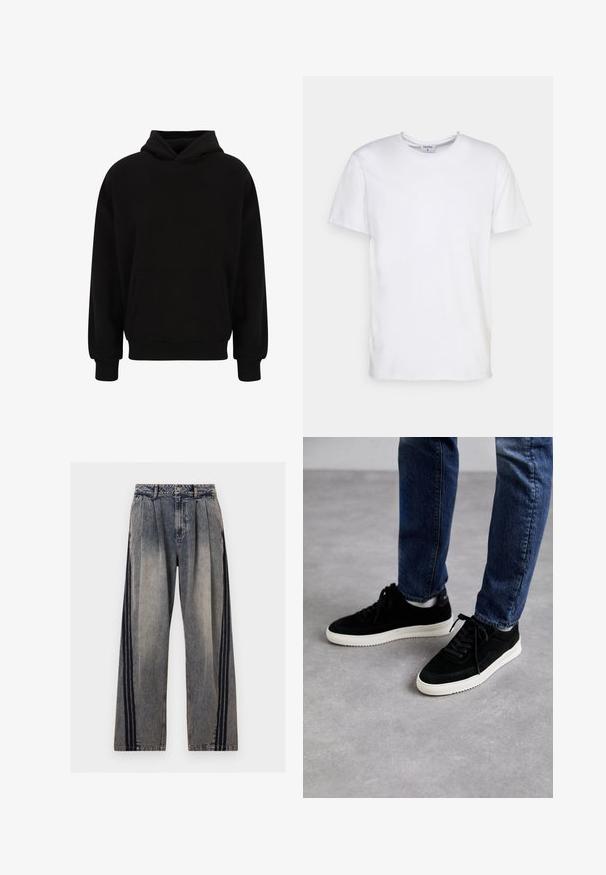 Zwarte pullover hoodie met een voorzak, ribgebreide manchetten en zoom. Gemaakt van zachte stof; heeft een relaxed fit en een verstelbare capuchon.; Witte t-shirt met korte mouwen, gemaakt van katoen. Heeft een ronde halslijn en een comfortabele pasvorm zonder zichtbare patronen of accessoires.; High waist vervaagde grijze denim jeans met plooien en zwarte verticale strepen langs de buitenkant van elk been.; Zwarte suede sneakers met een witte rubberen zool, met een klassiek low-top ontwerp, een ronde neus en flat zwarte veters.