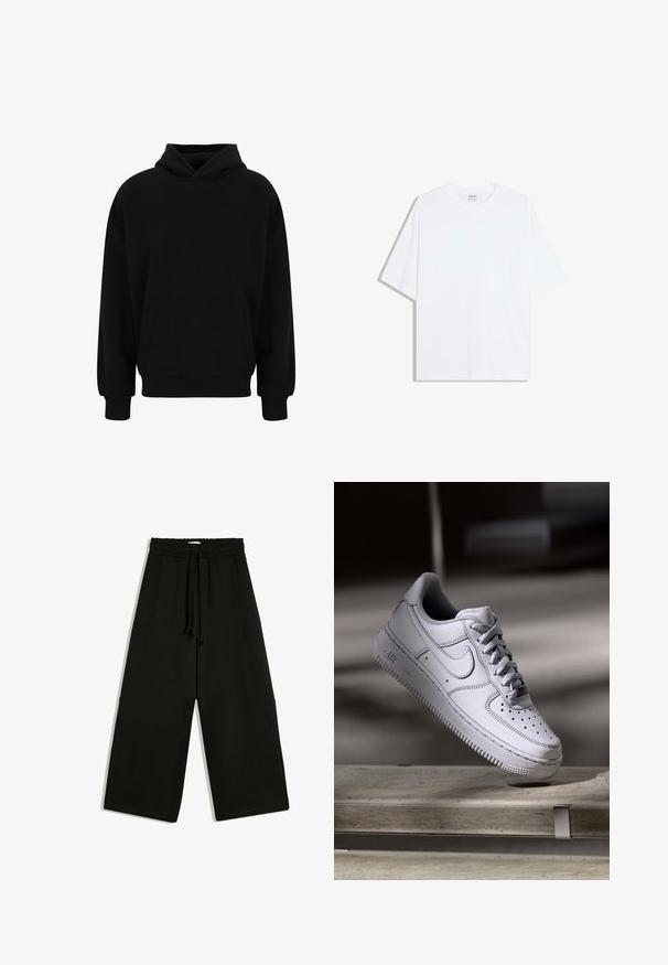 Zwarte pullover hoodie met een voorzak, ribgebreide manchetten en zoom. Gemaakt van zachte stof; heeft een relaxed fit en een verstelbare capuchon.; Wit oversized katoenen T-shirt met een ronde hals en korte mouwen; gladde textuur, zonder zichtbare patronen of accenten.; Zwarte wijde broek met elastische tailleband en trekkoord, met een losse pasvorm en zijzakken.; Witte Nike Air Force 1 sneaker van leer met geperforeerde neus, platte veters en een gestructureerde rubberen zool met "AIR"-logo aan de zijkant.