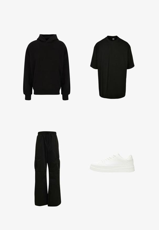 Zwarte pullover hoodie met een voorzak, ribgebreide manchetten en zoom. Gemaakt van zachte stof; heeft een relaxed fit en een verstelbare capuchon.; Zwarte katoenen t-shirt met ronde hals en korte mouwen, in een relaxte pasvorm. Soepele textuur, zonder zichtbare patronen of accenten.; Zwarte cargobroek met een elastische tailleband, een brede beenontwerp en grote zijzakken voor functionaliteit en comfort. Glad textuur.; Witte sneaker met een glad leren bovenwerk, platte veters en een dikke rubberen zool. Minimalistisch ontwerp met subtiele stiksel en naadloze accenten.
