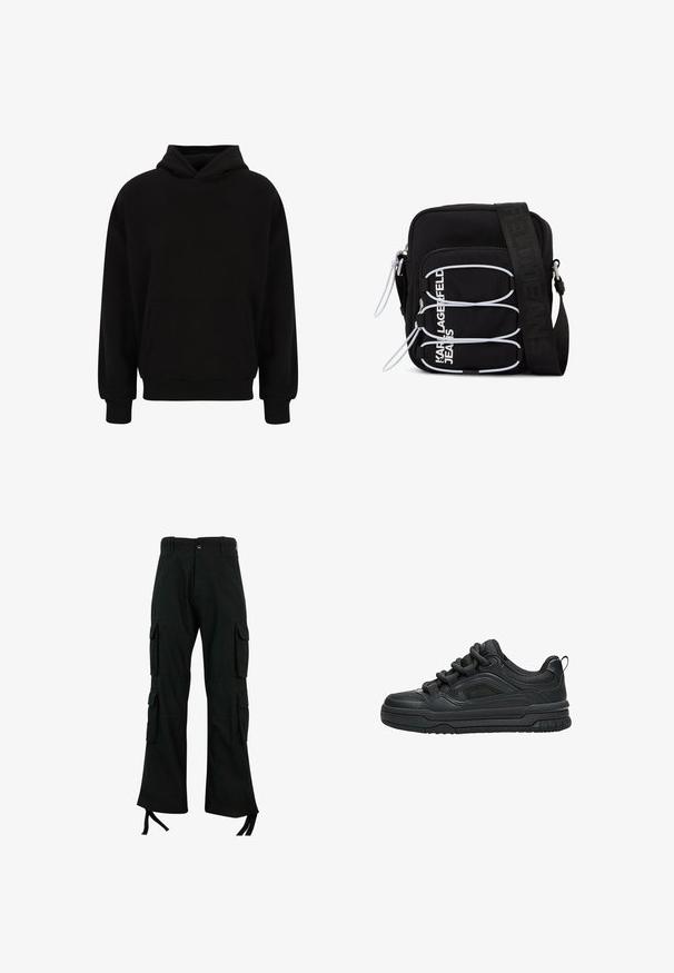 Schwarzer Pullover-Hoodie mit einer vorderen Kängurutasche, gerippten Bündchen und Saum. Hergestellt aus weichem Material; hat einen lässigen Schnitt und eine verstellbare Kapuze.; Schwarze Cargo-Hosen aus strapazierfähigem Stoff verfügen über mehrere Seitentaschen, ein gerades Bein-Design und Bindebänder am Saum für eine verstellbare Passform.; Schwarzer Low-Top-Sneaker mit dicker Sohle, gepolstertem Kragen, Mesh-Einsätzen und kräftigen Schnürsenkeln, dargestellt vor weißem Hintergrund.; Schwarze Umhängetasche mit weißen elastischen Schlaufen, Reißverschlüssen und weißem "KARL LAGERFELD JEANS"-Schriftzug auf der Vorderseite.