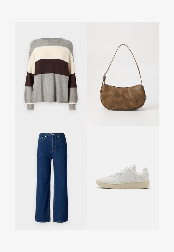 Strikket sweater i grå, creme og bordeaux striber. Har ribbet struktur, rund hals og lange ærmer med manschetter.; Bredde ben denimjeans i mørkeblå, med et klassisk fem-lomme design, diskret syninger og en metalknaplukning ved taljen.; Hvide lædersneakers med perforeret tåboks, kontrasterende beige gummisål og logoer på siden og hælen. Minimalistisk design.; Brun faux læder skuldertaske med en buet form, en enkelt strop, kontrasterende syninger og en lynlåslukning langs den øverste kant.