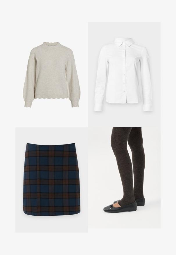 Suéter de color beige claro con escote y dobladillo acanalados en forma de onda. Cuenta con mangas largas tipo globo y una tela suave y texturizada.; Camisa blanca de manga larga con botones, cuello puntiagudo, bajo recto y silueta ajustada, presentada sobre un fondo claro y liso.; Falda mini a cuadros azul marino con líneas marrones y grises, fabricada en una tela suave, con una sutil abertura en la parte trasera para mayor comodidad al moverse.; Piernas con leggings oscuros acanalados combinados con bailarinas negras que presentan pequeños detalles de lazo sobre un fondo blanco.