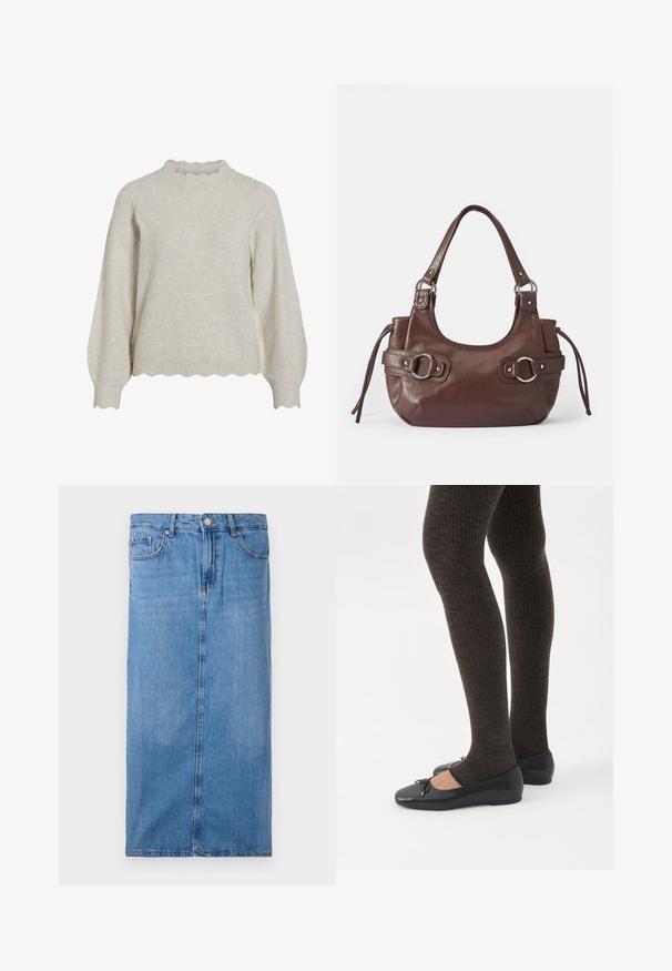 Lys beige sweater med en ribbet scalloped halsudskæring og kant. Har lange, ballonagtige ærmer og et blødt, struktureret stof.; Denim midi-nederdel i lyseblå, med en lige silhuet, front søm og standard talje med fem bæltesløjfer og metal knap lukning.; Ben iført mørke ribbede leggings kombineret med sorte balletsko med små sløjfedetaljer på hvid baggrund.; Brun læderhåndtaske med rund form, sølvhardware, to sideskuldre og en glat tekstur. Har en enkelt toppen håndtag.