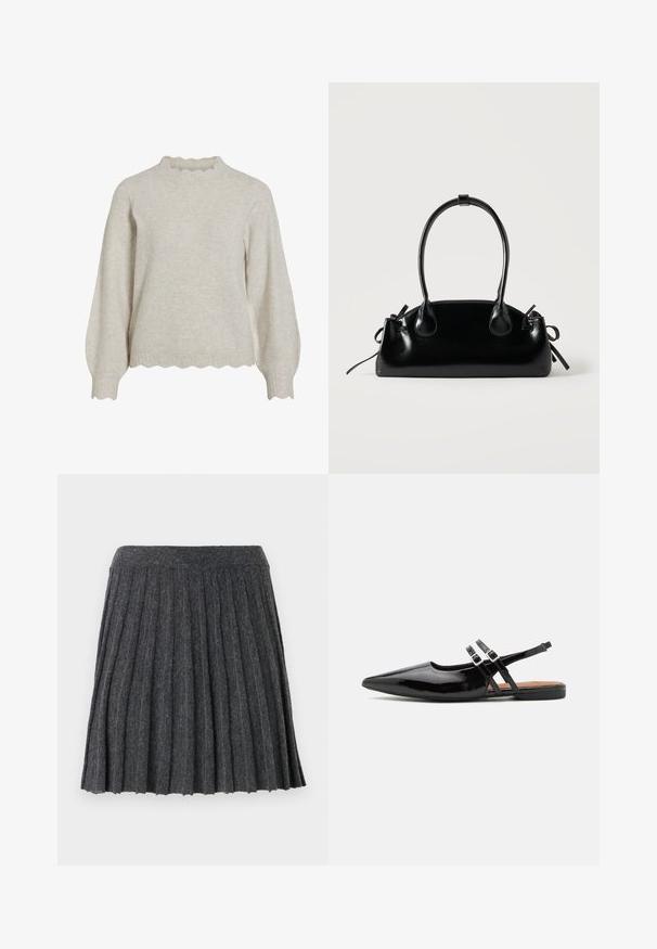 Lichtbeige trui met een geribbelde, geschulpte halslijn en zoom. Beschikt over lange, ballonvormige mouwen en een zachte, textuurstof.; Vero Moda Knitted VMMARINA Short - Minirok - dark grey; Zwarte gepatineerde leren slingback schoenen hebben een spitse neus, twee banden met gespsieraden en een platte zool.; Kleine zwarte glanzende handtas met twee lange hengsels en zijkant trekkoord details op een effen lichte achtergrond.