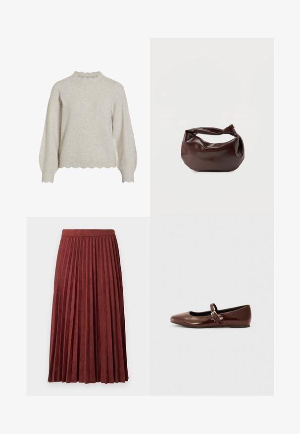 Helle beige Strickjacke mit einem gerippten, gewellten Ausschnitt und Saum. Verfügt über lange, ballonförmige Ärmel und einen weichen, strukturierten Stoff.; Midirock in Burgunderrot mit Falten, gefertigt aus weichem Stoff, mit vertikalen Falten und einem taillierten Bund. Glatte Textur in einfarbiger Ausführung.; Braune Lackleder-Ballerinas mit quadratischer Zehenform und Riemen mit einer kleinen goldenen Schnalle. Glatte Textur, niedriger Absatz und minimalistisches Design.; Dunkelbraune Lederschultertasche mit weicher, lockerer Form und einem gedrehten Knotengriff vor schlichtem weißem Hintergrund.