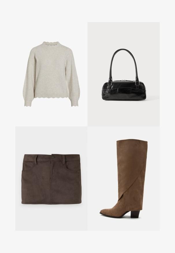 Helle beige Strickjacke mit einem gerippten, gewellten Ausschnitt und Saum. Verfügt über lange, ballonförmige Ärmel und einen weichen, strukturierten Stoff.; Brauner Wildleder-Minirock mit zwei vorderen Taschen, Gürtelschlaufen und einer vorderen Knopfverschluss. Geschmeidige Textur mit einem subtilen Glanz.; Brauner kniehoher Veloursleder-Stiefel mit gefaltetem Detail und mittelhohem Blockabsatz, seitlich auf weißem Hintergrund gezeigt.; Schwarze Lederhandtasche in rechteckiger Form, mit einem stabilen Griff, silbernem Zubehör und Reißverschluss. Glatte Textur.
